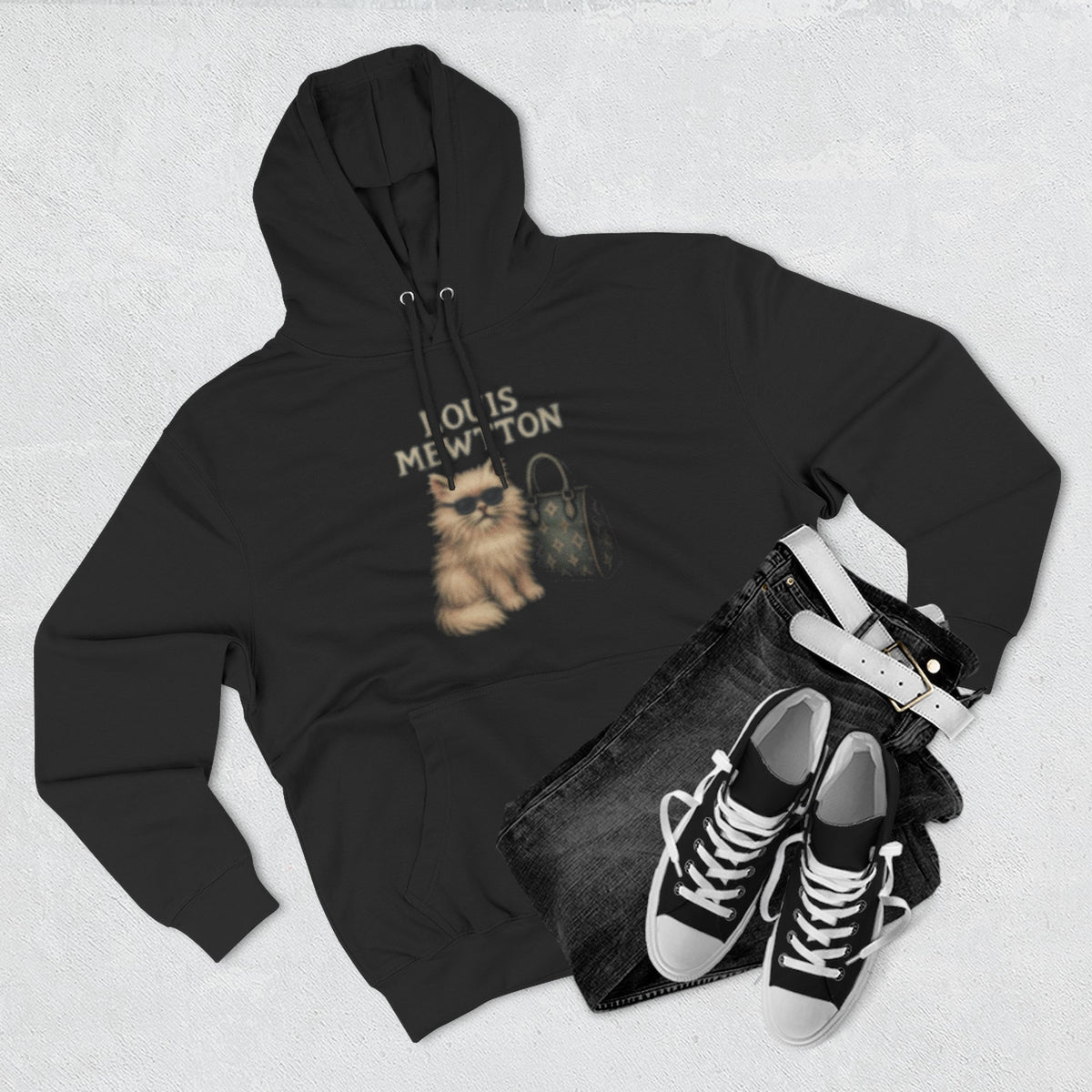Louis Mewtton Fluffy Couture Cat Graphic Hoodie in black, flat lay
