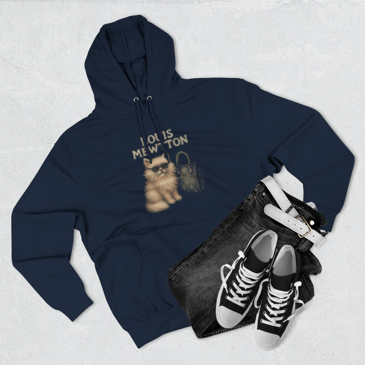 Louis Mewtton Fluffy Couture Cat Graphic Hoodie in navy, flat lay