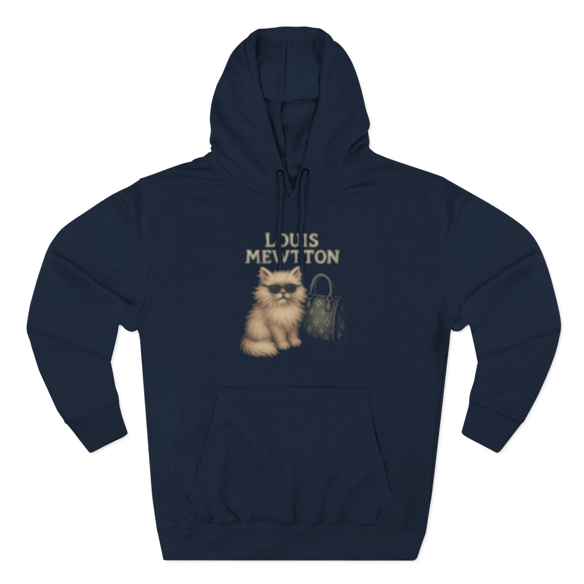 Louis Mewtton Fluffy Couture Cat Graphic Hoodie in navy, front view