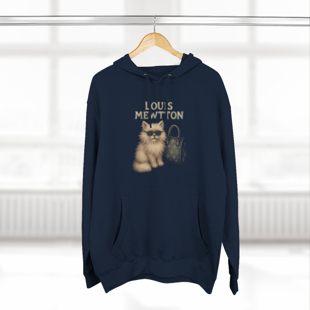 Louis Mewtton Fluffy Couture Cat Graphic Hoodie in navy, on a hanger