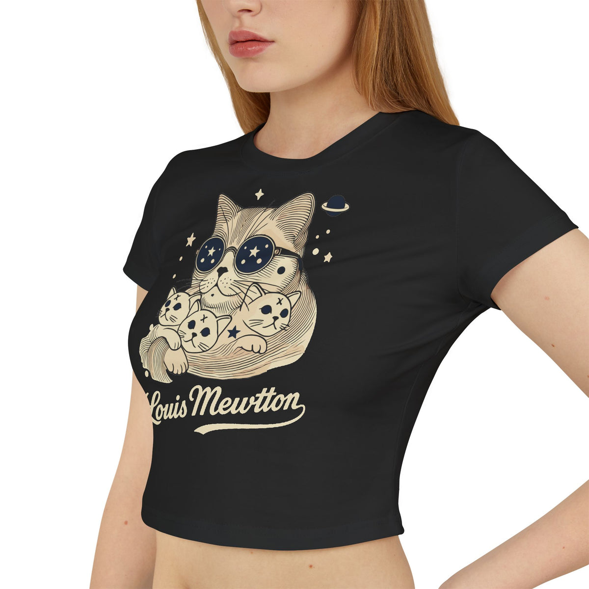 Louis Mewtton Galactic Fam Cat Graphic Women's Baby Tee in black, worn by a female model
