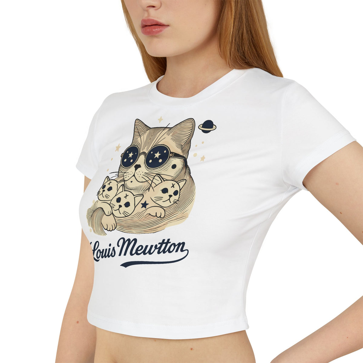 Louis Mewtton Galactic Fam Cat Graphic Women's Baby Tee in white, close-up detail