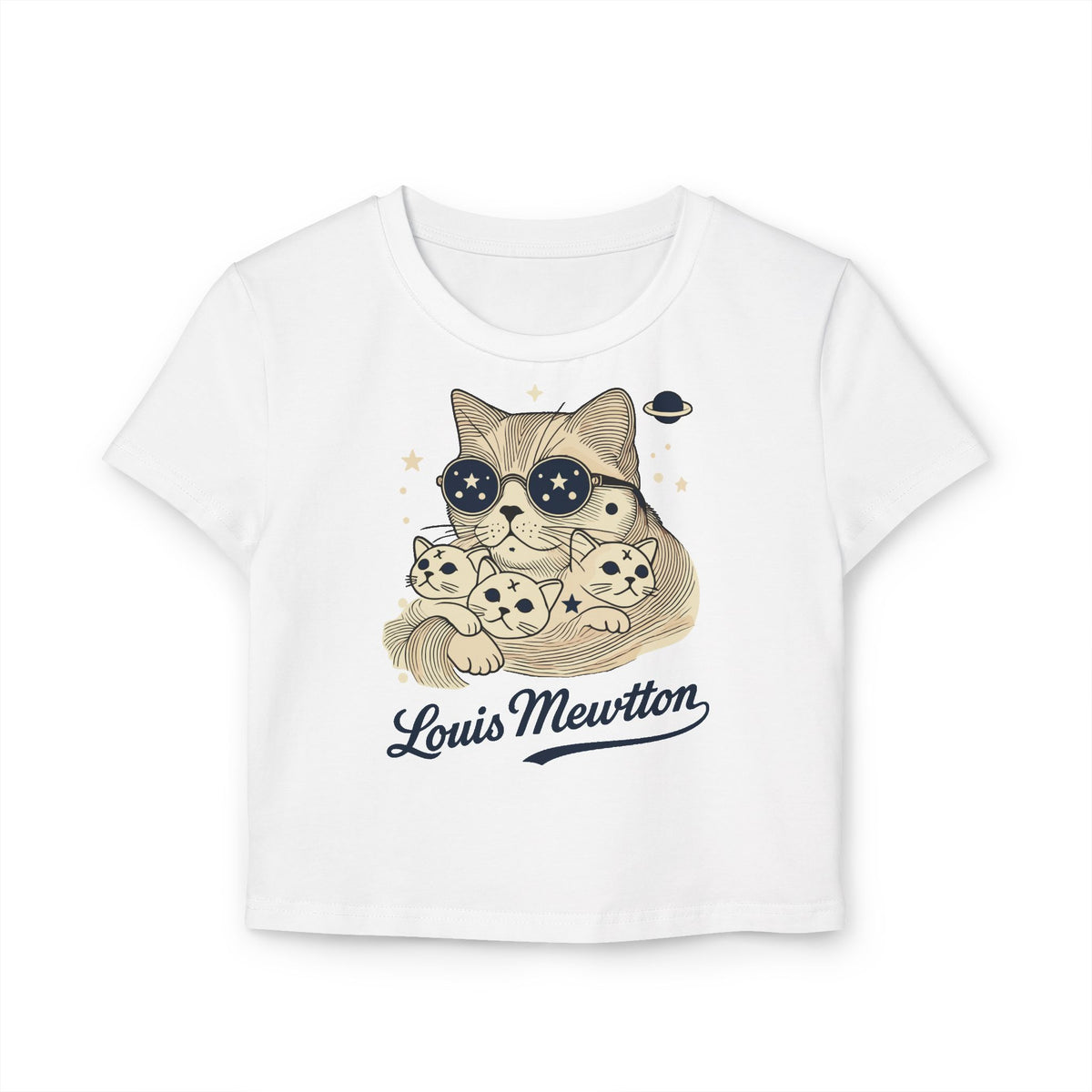 Louis Mewtton Galactic Fam Cat Graphic Women's Baby Tee in white, flat lay
