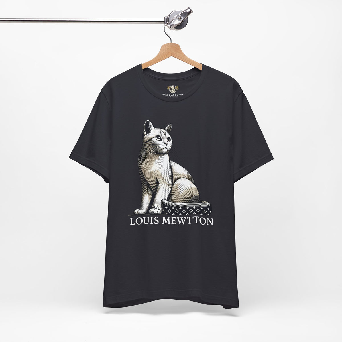 Louis Mewtton Heritage Emblem Graphic T-Shirt in dark grey, on a hanger