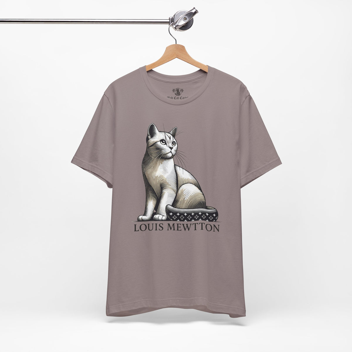 Louis Mewtton Heritage Emblem Graphic T-Shirt in pebble brown, on a hanger