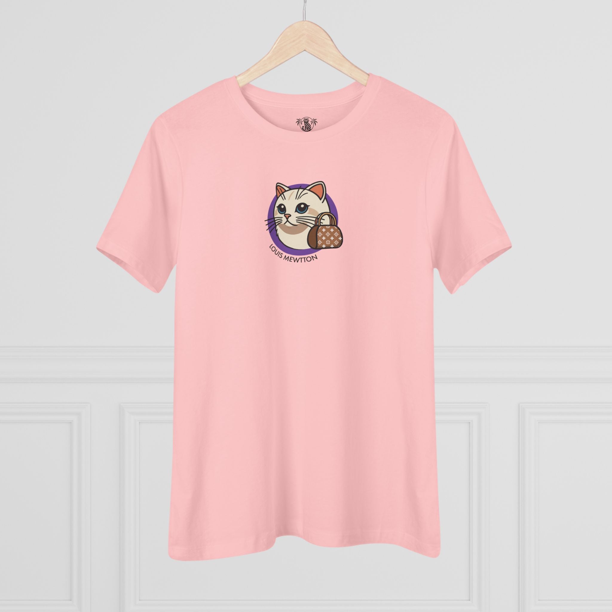 Louis Mewtton Mini Chest Cat Icon Women's Graphic T-Shirt in pink, on a hanger