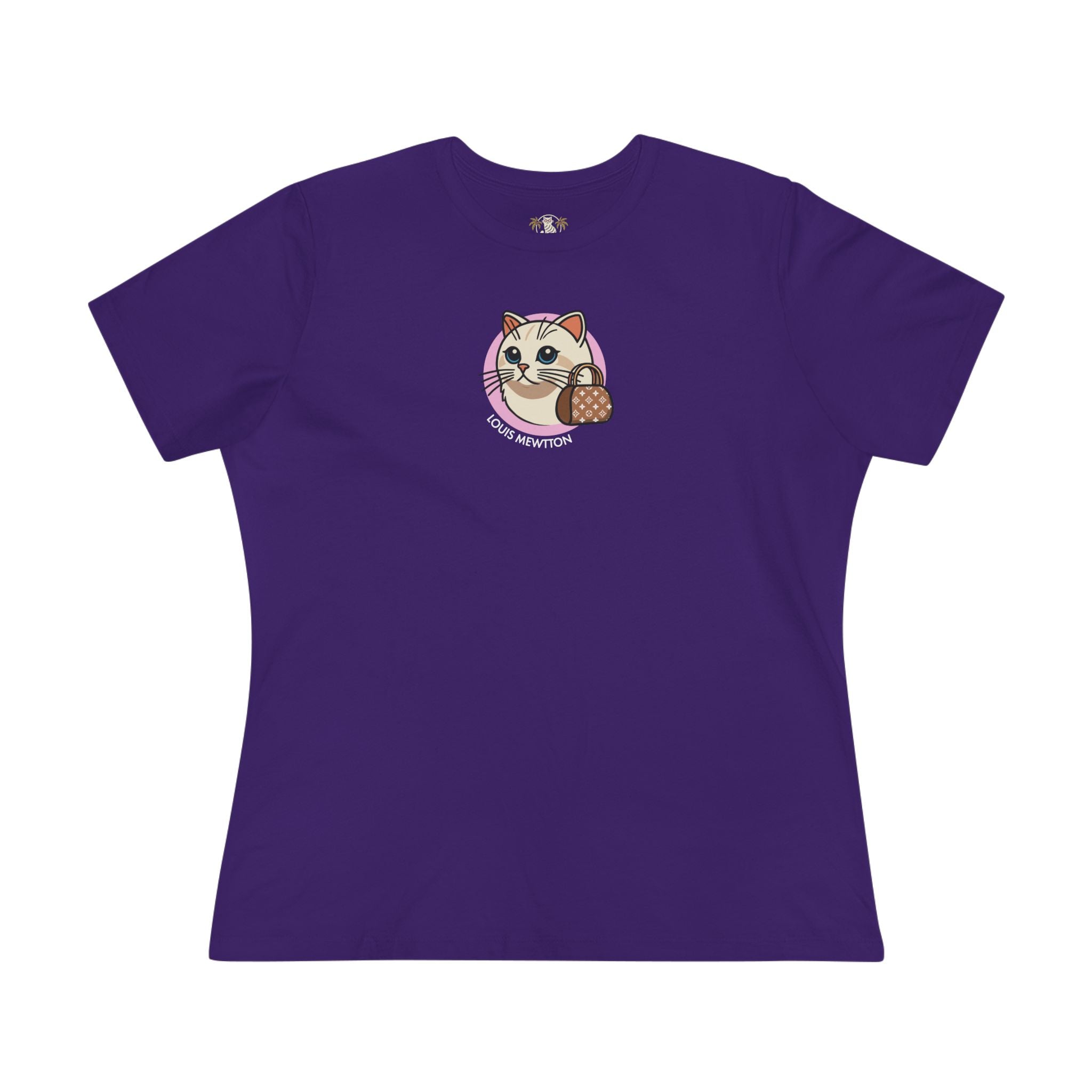 Louis Mewtton Mini Chest Cat Icon Women's Graphic T-Shirt in team purple, flat lay