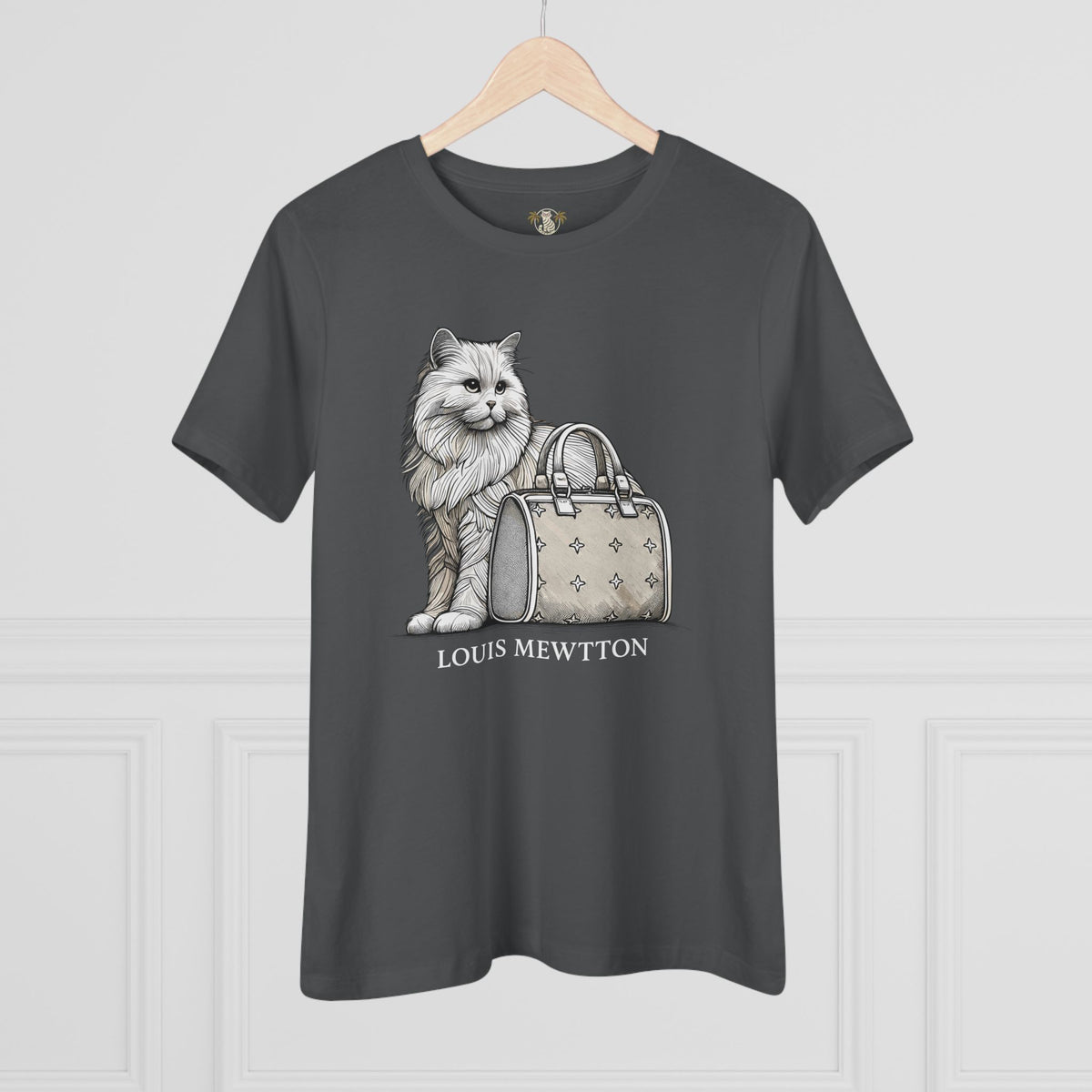 Louis Mewtton Persian Cat Graphic Women's T-Shirt in asphalt, on a hanger