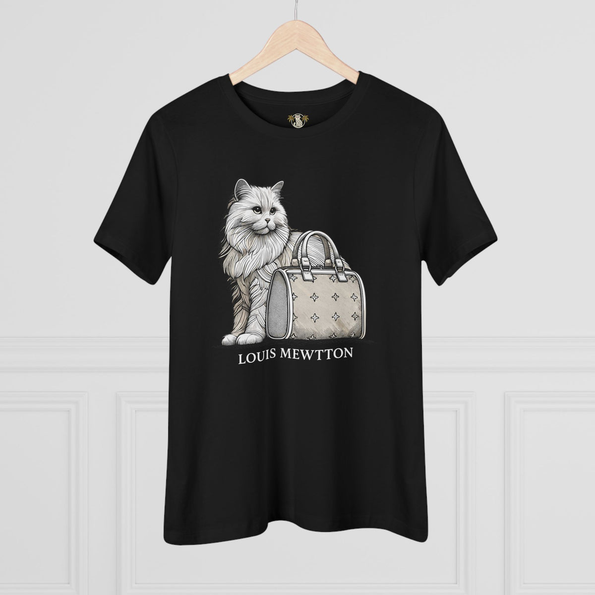 Louis Mewtton Persian Cat Graphic Women's T-Shirt in black, on a hanger