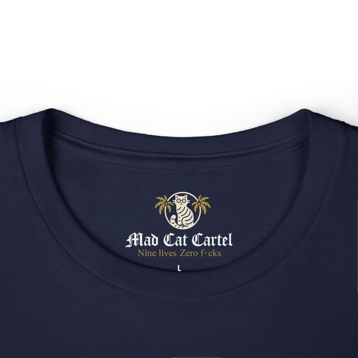 Louis Mewtton Persian Cat Graphic Women's T-Shirt in navy, close-up detail