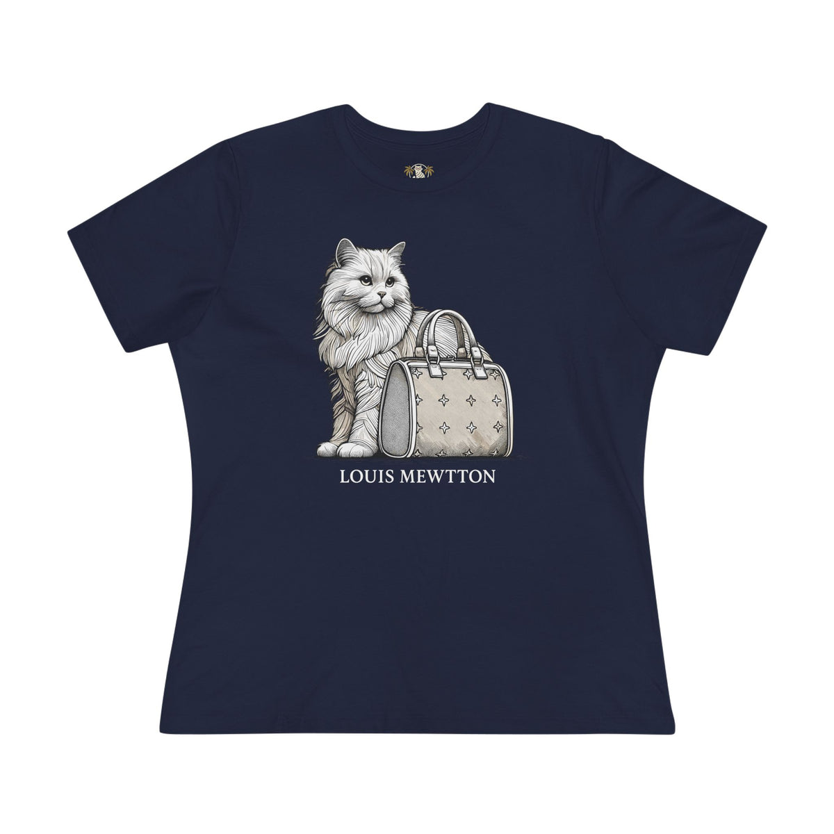 Louis Mewtton Persian Cat Graphic Women's T-Shirt in navy, flat lay