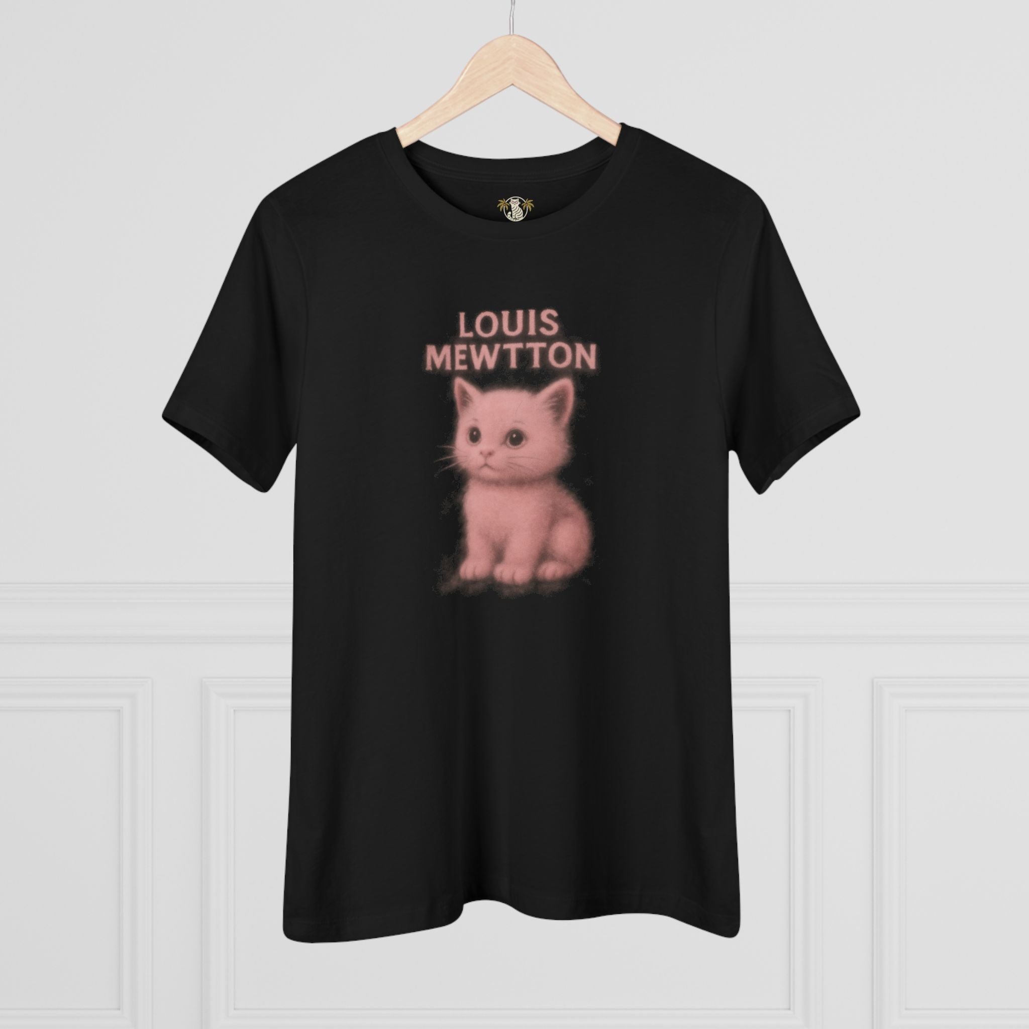 Louis Mewtton Pink Aura Kitty Print Women's Black T-Shirt, on a hanger