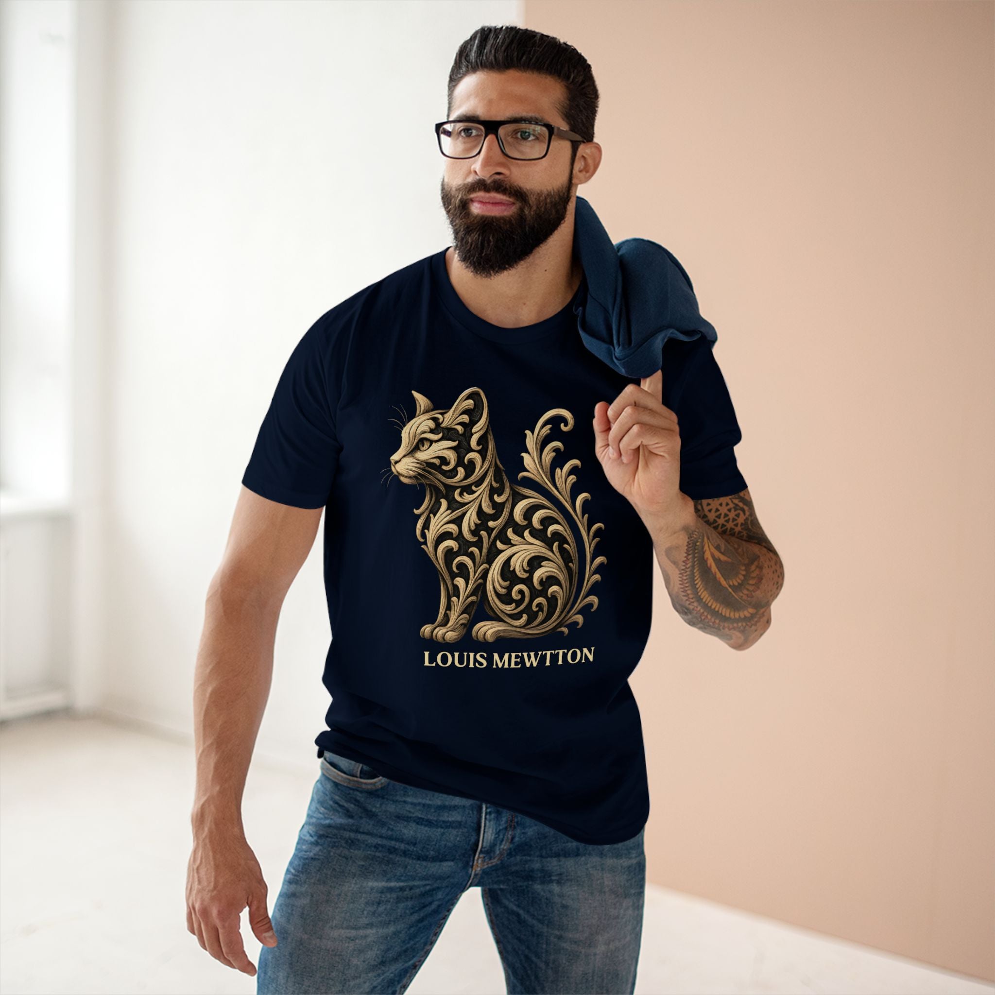 Louis Mewtton Prestige Cat Men's Graphic T-Shirt in navy, worn by a model