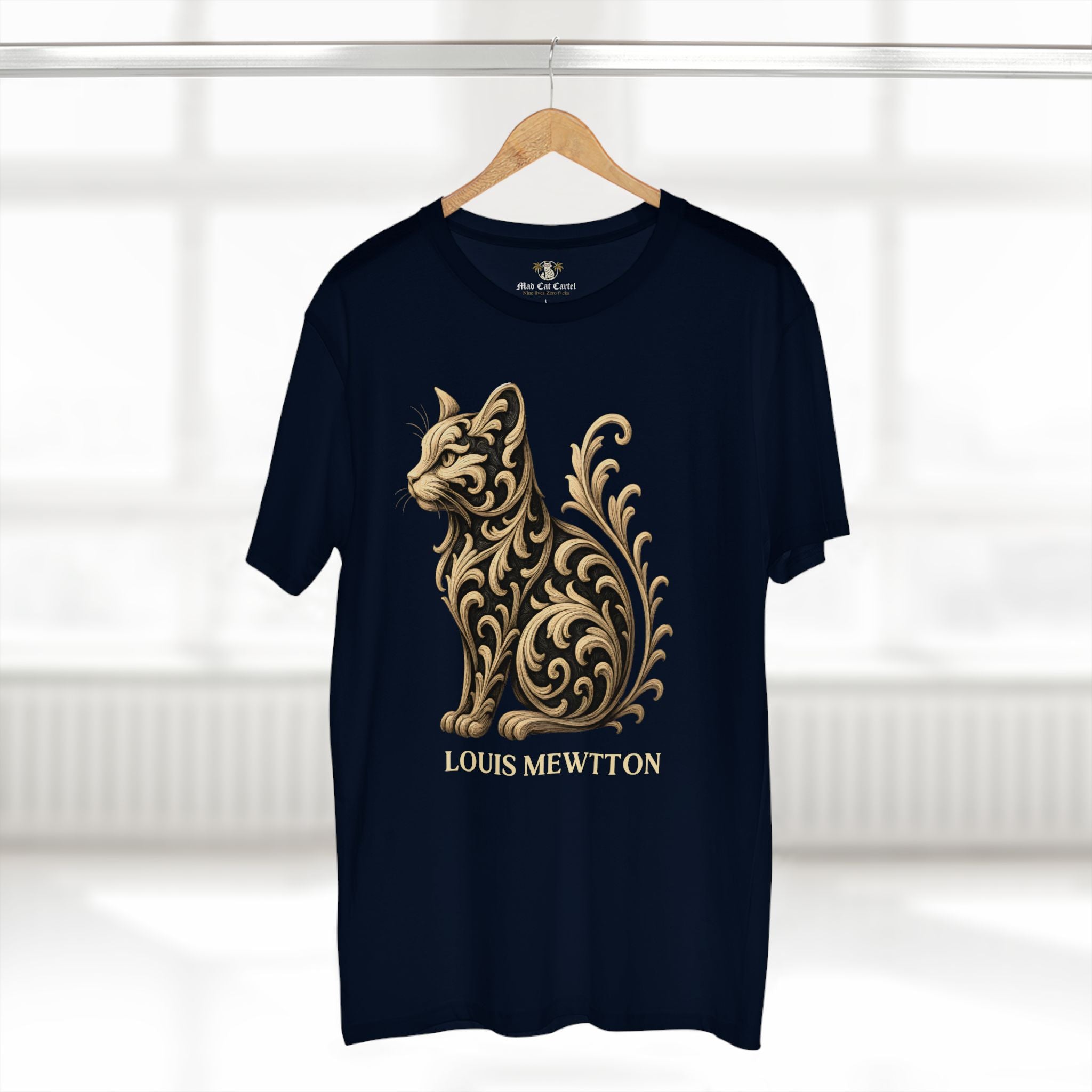 Louis Mewtton Prestige Cat Men's Graphic T-Shirt in navy, on a hanger