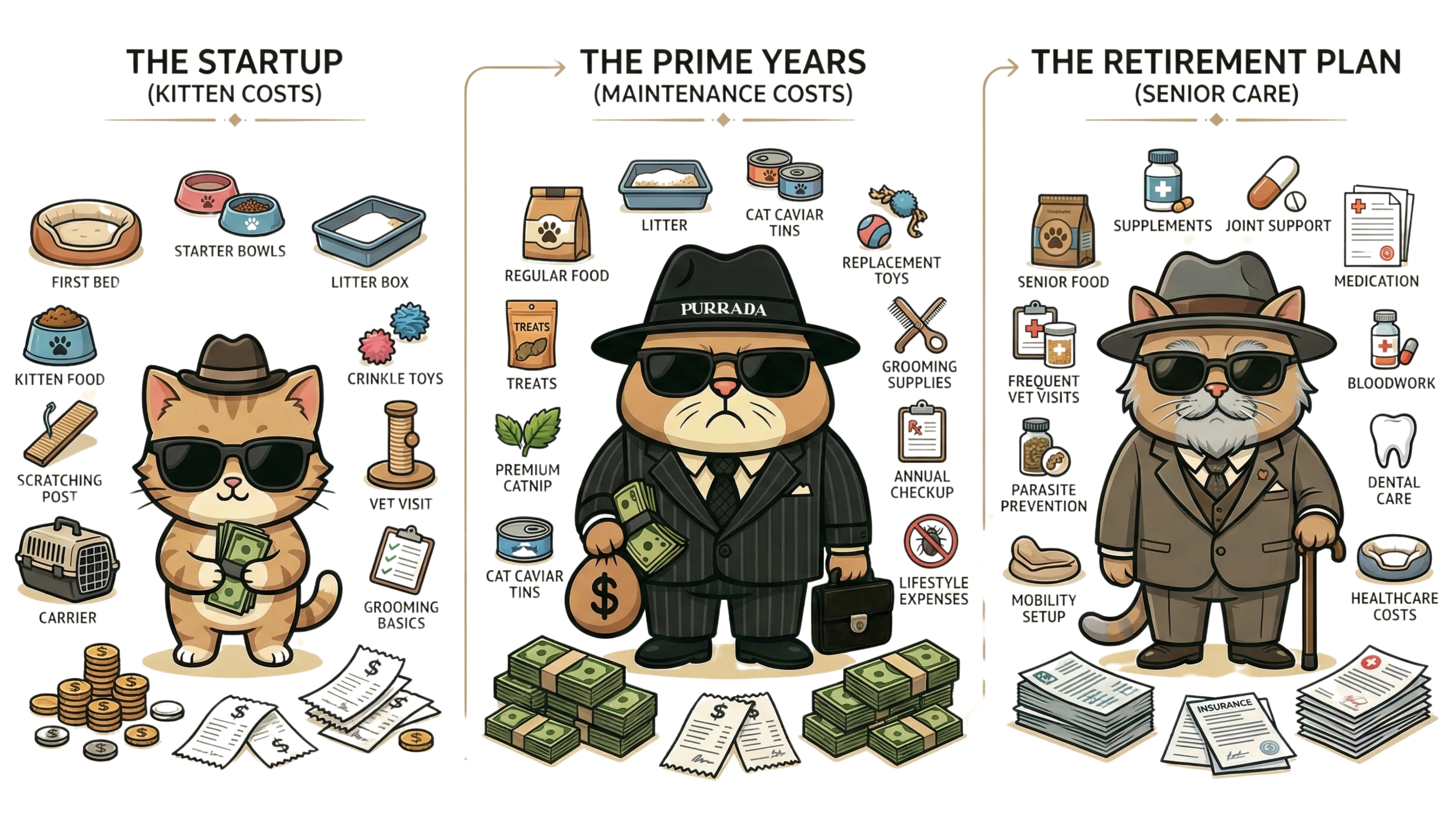 Alt tag:
Mad Cat Cartel infographic showing kitten adult and senior cat costs including startup expenses maintenance costs and senior care budgeting