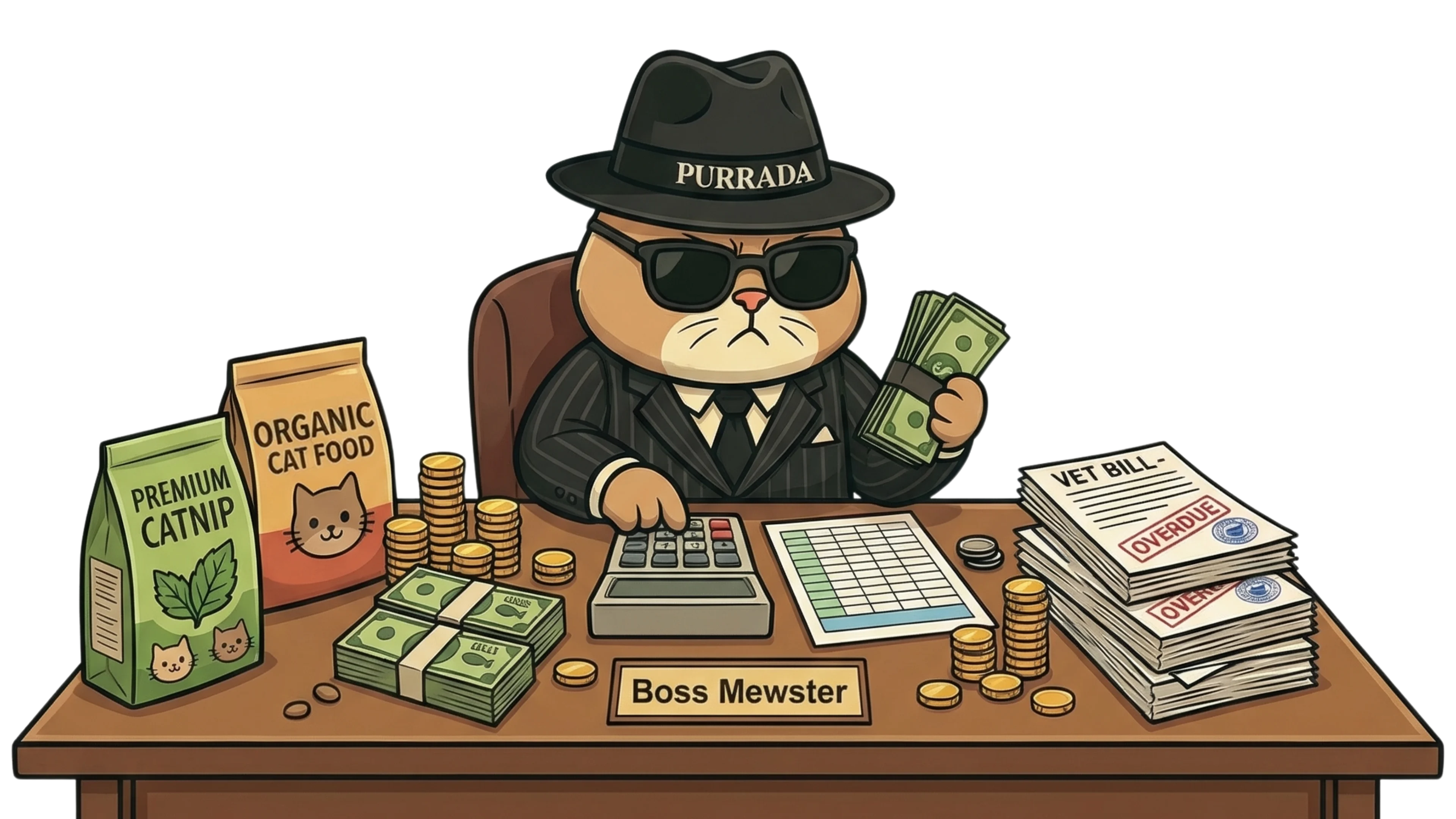 Mad Cat Cartel Boss Mewster reviewing vet bills emergency costs cat food and budgeting in a cat cost calculator