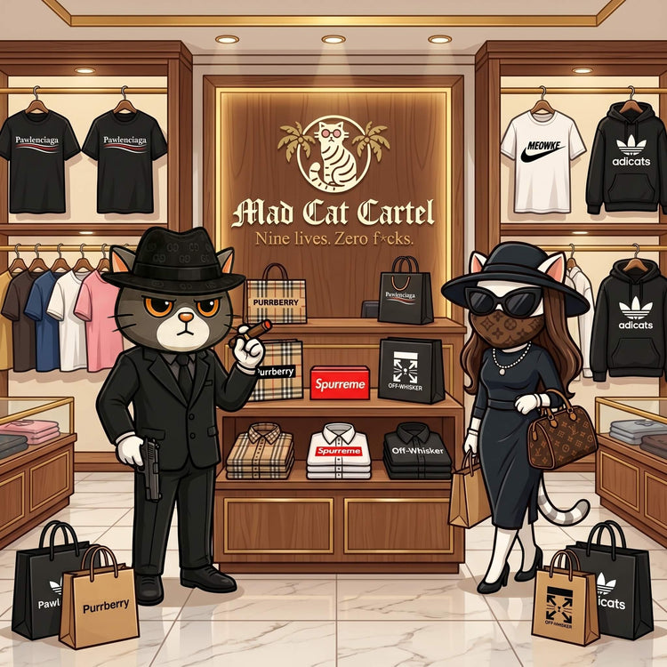 Don Whiskerone and Lady Purrington cartoon cat characters in a designer store with 'Mad Cat Cartel' branding