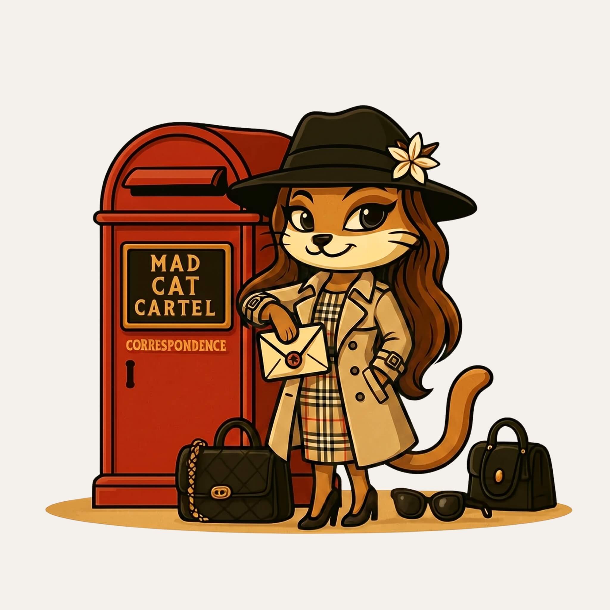 Cartoon cat character Miss Meowlin in a  designer Purrberry trench coat standing next to a red mailbox with 'Mad Cat Cartel' branding