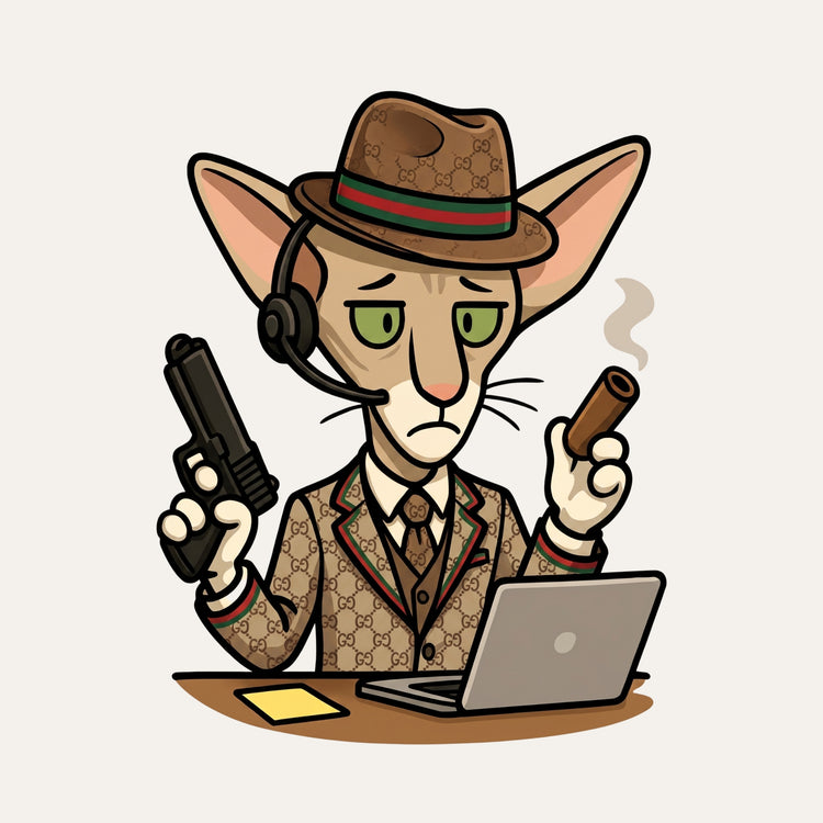 Mad Cat Cartel cartoon cat character for support in a beige designer suit with a hat, holding a gun and smoking a cigar, working on a laptop