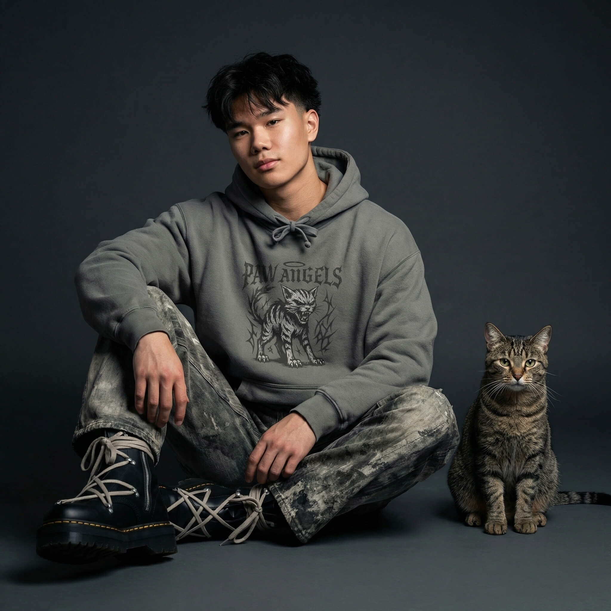 Person wearing dark aesthetic gray hoodie with a cat sitting next to them on a dark background