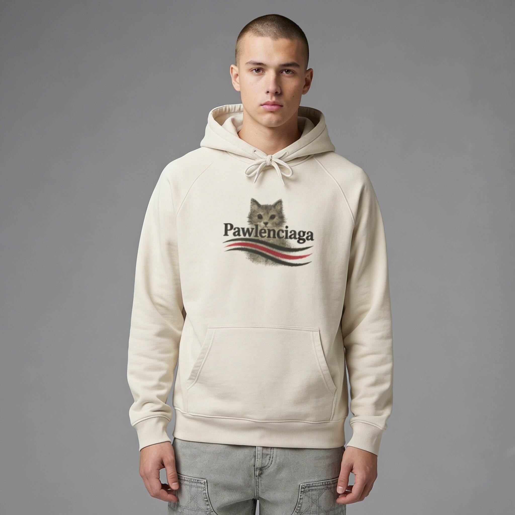 Man wearing a beige designer parody funny hoodie with Pawlenciaga logo on a gray background