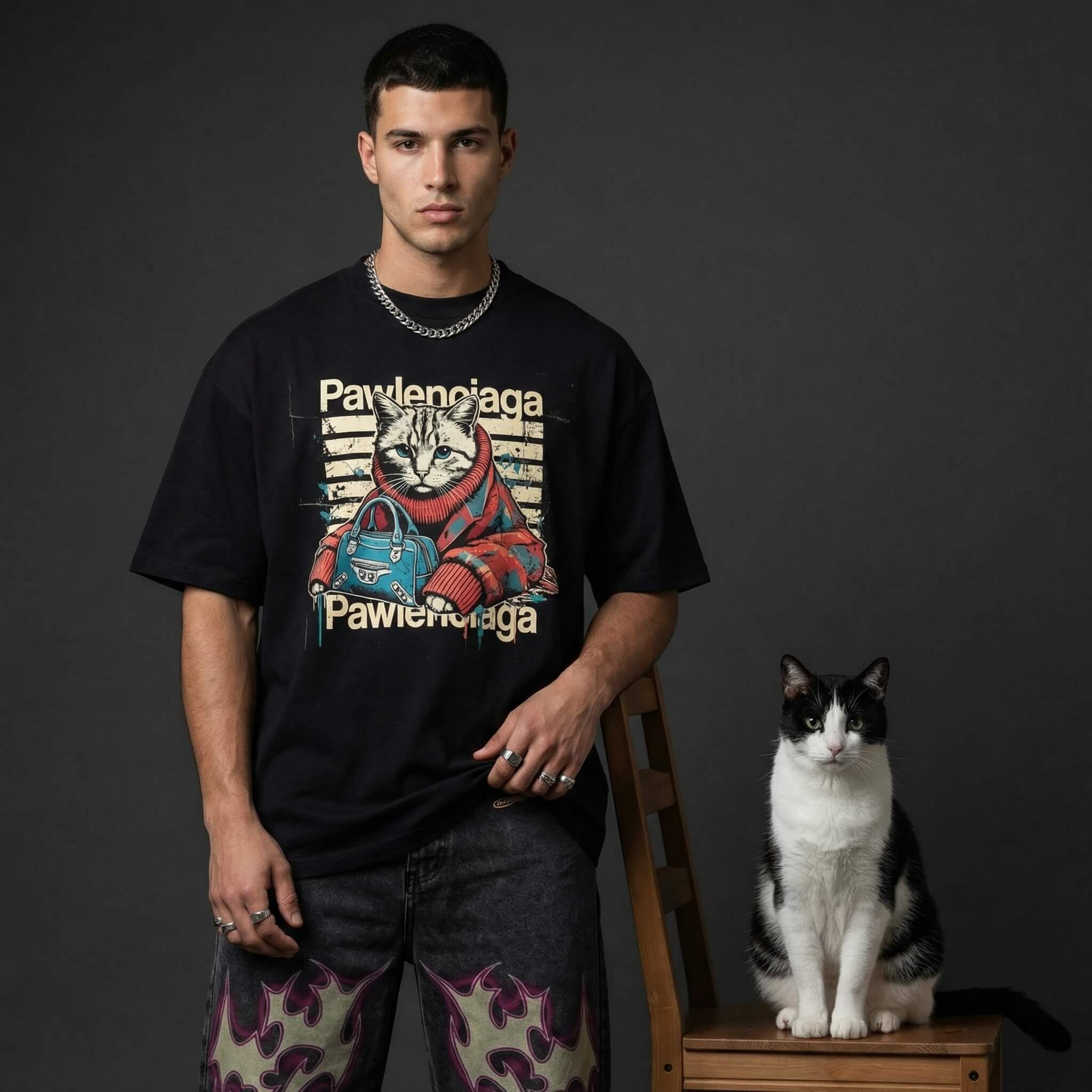 Man wearing a oversized black t-shirt with Pawlenciaga design of a cat and text, standing next to a cat on a small table