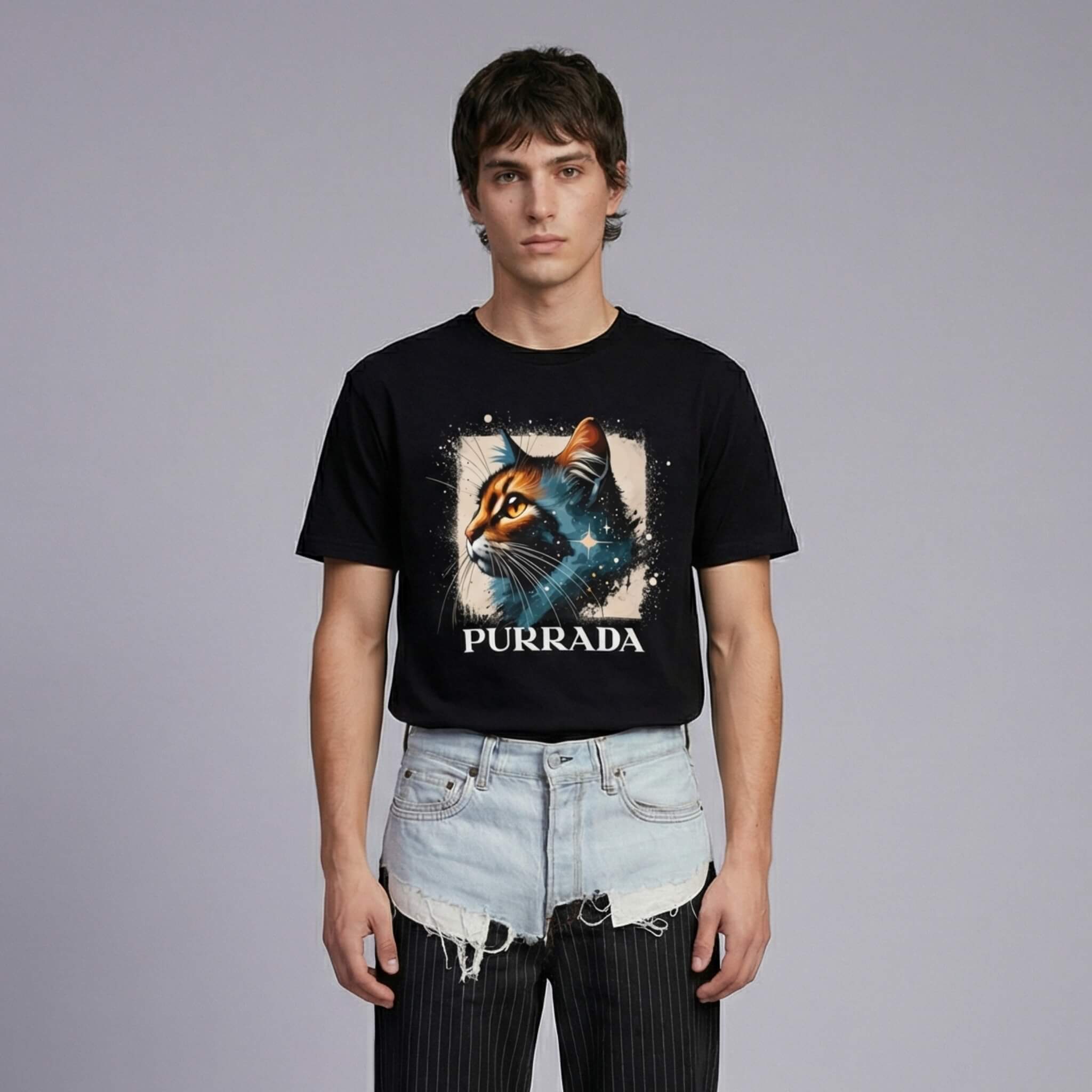 Man wearing a black designer parody funny t-shirt with 'Purrada' design and light blue jeans on a gray background