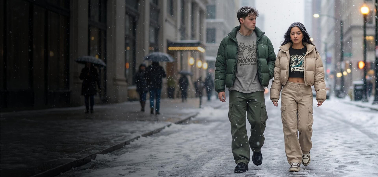 couple wearing cat clothes for humans walking in winter city, cat lover fashion streetwear by Mad Cat Cartel