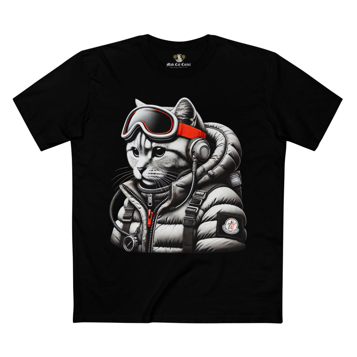 Meowcler Alpine Explorer Cat Graphic Black T-Shirt, front view