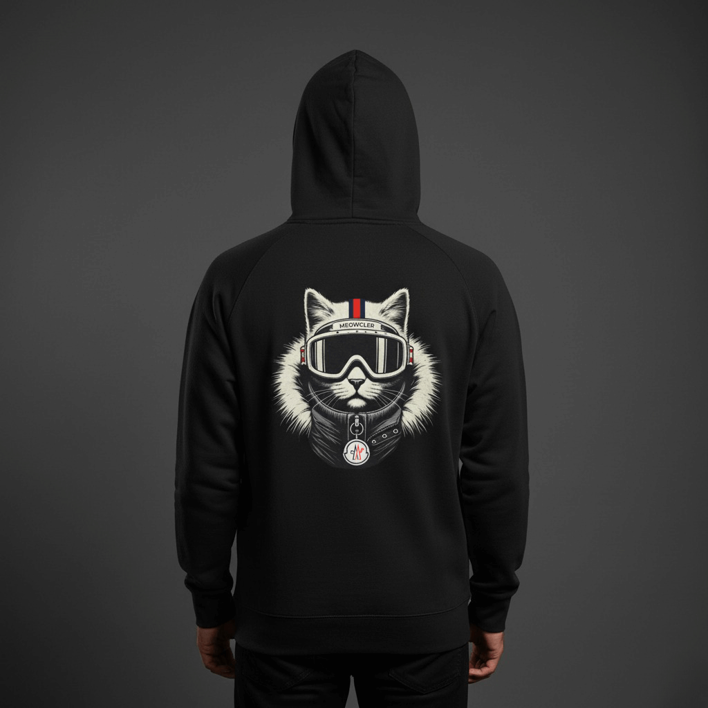 Meowcler Chest Logo Ski Cat Graphic Black Hoodie, back view on a male model