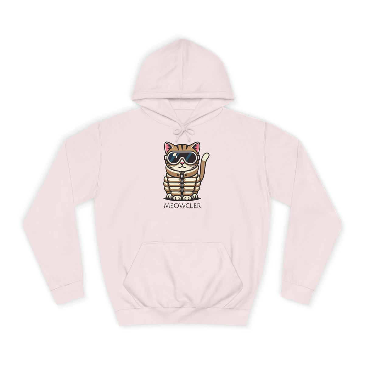 Meowcler Chest Puffer Cat Graphic Hoodie in baby pink, front view