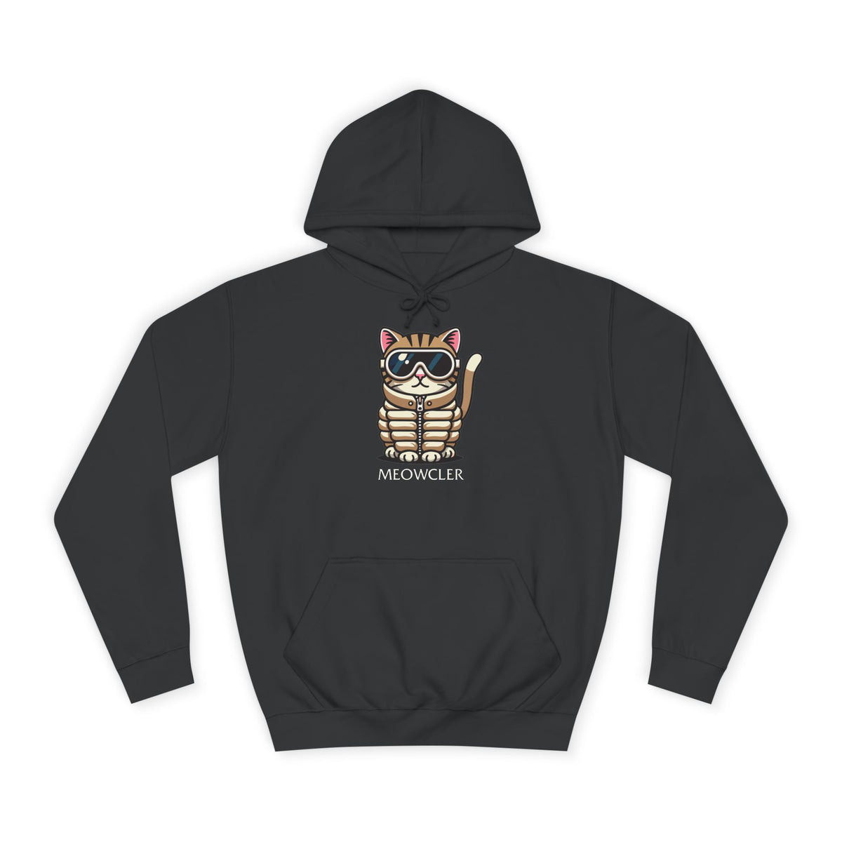 Meowcler Chest Puffer Cat Graphic Hoodie in jet black, front view