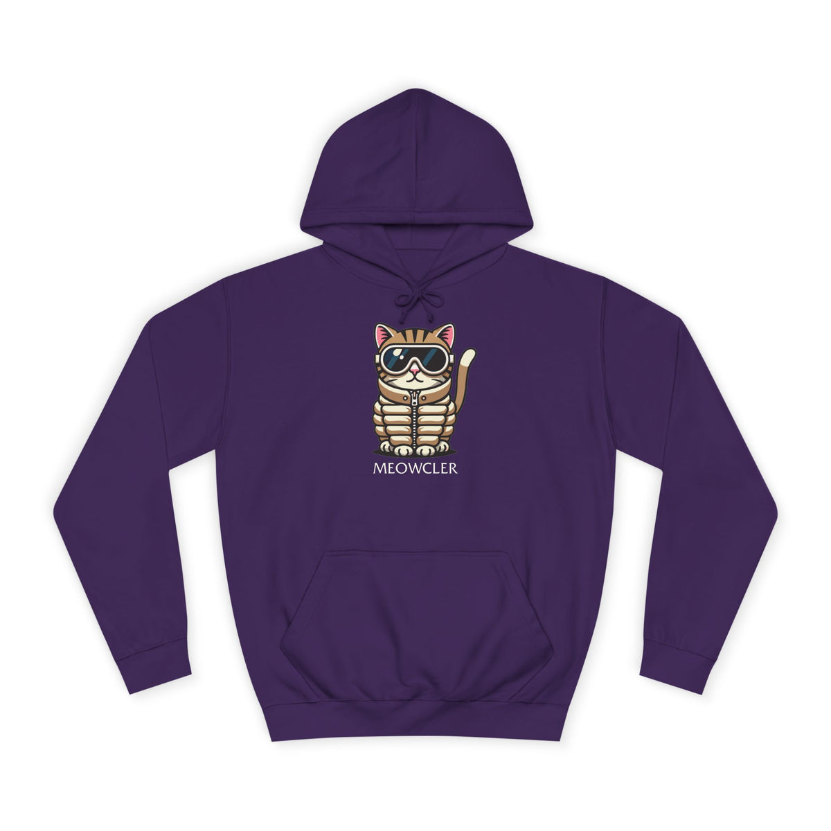 Meowcler Chest Puffer Cat Graphic Hoodie in purple, front view