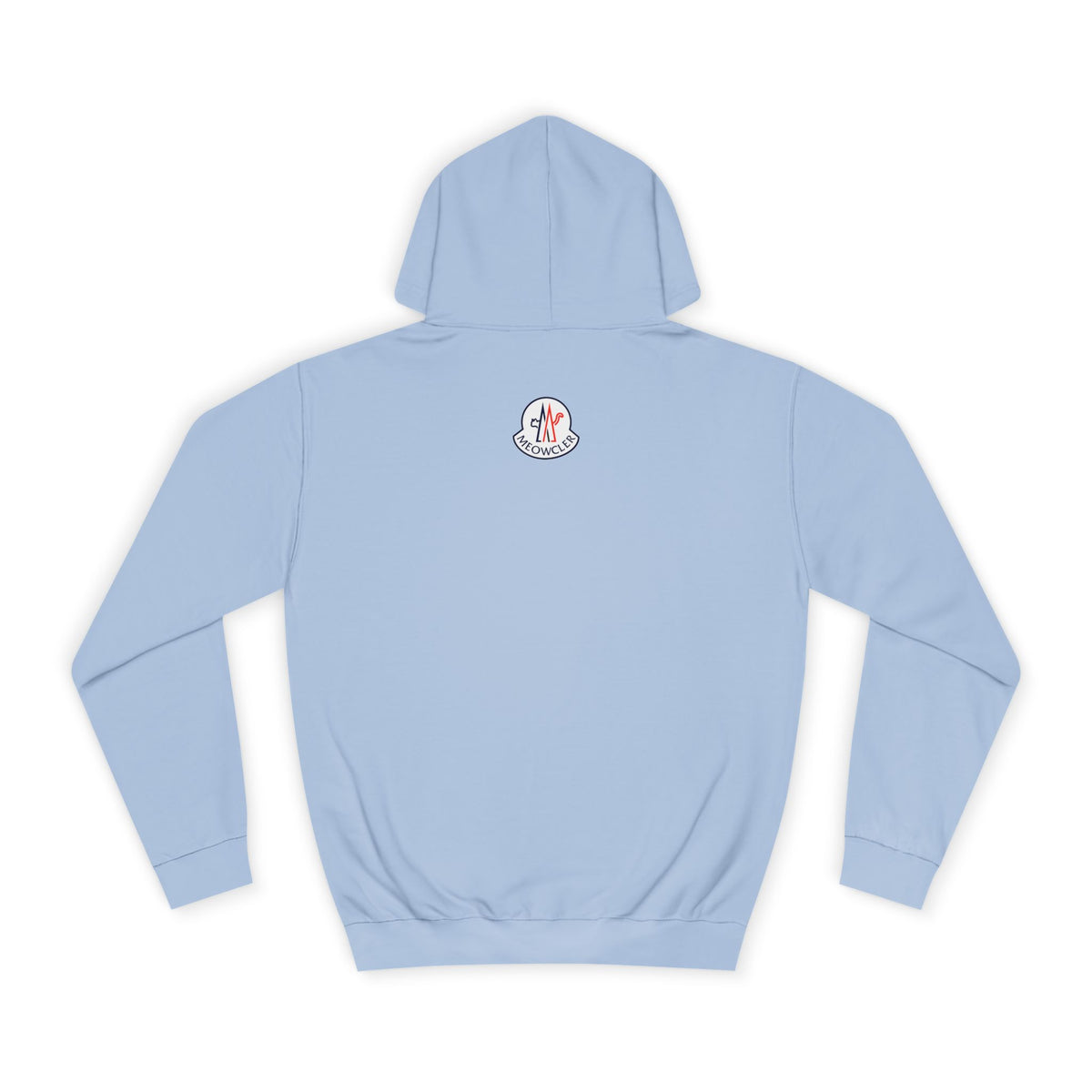 Meowcler Chest Puffer Cat Graphic Hoodie in sky blue, back view