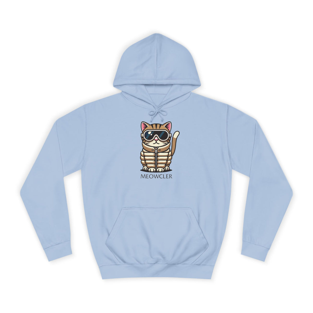 Meowcler Chest Puffer Cat Graphic Hoodie in sky blue, front view