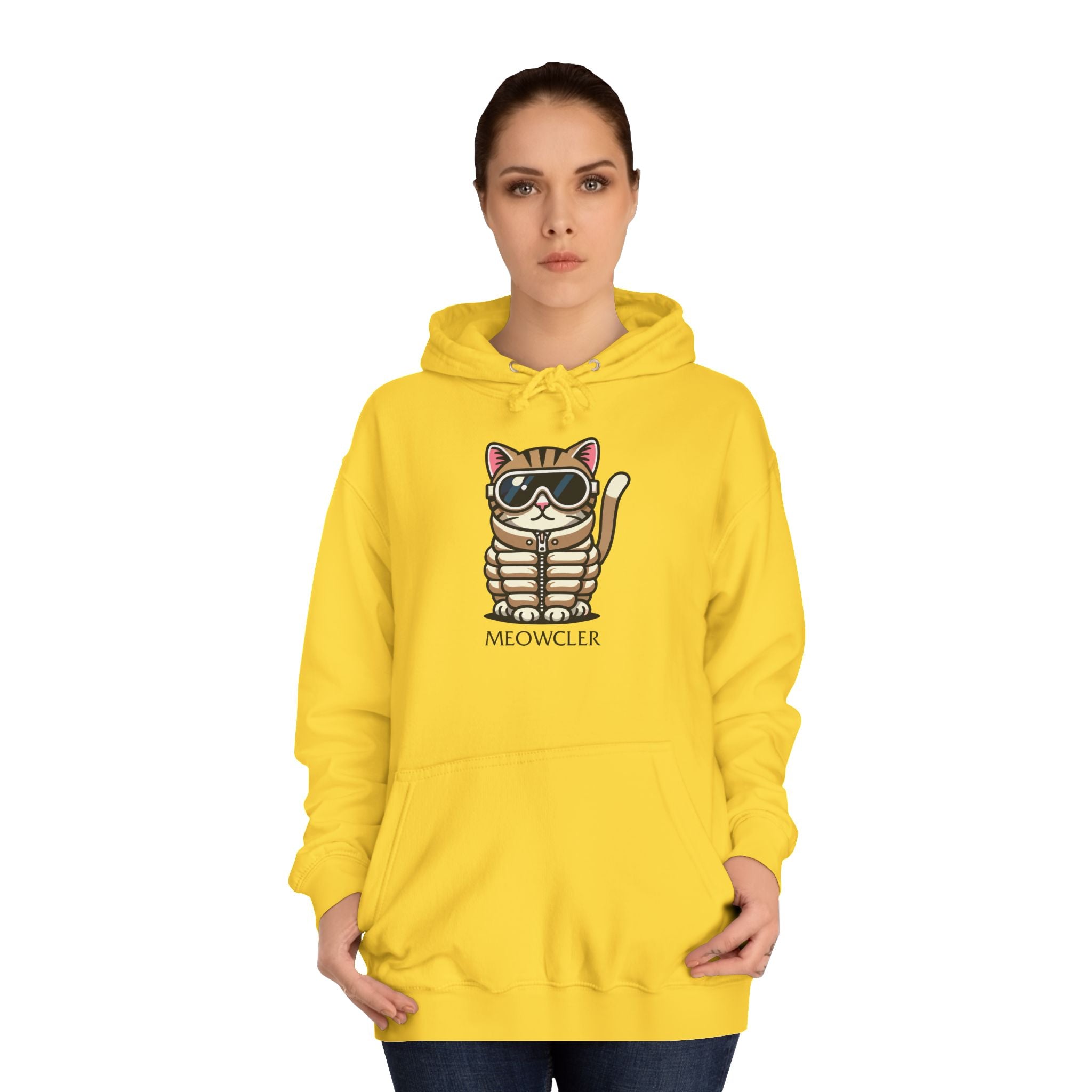 Meowcler Chest Puffer Cat Graphic Hoodie in sun yellow, worn by a female model