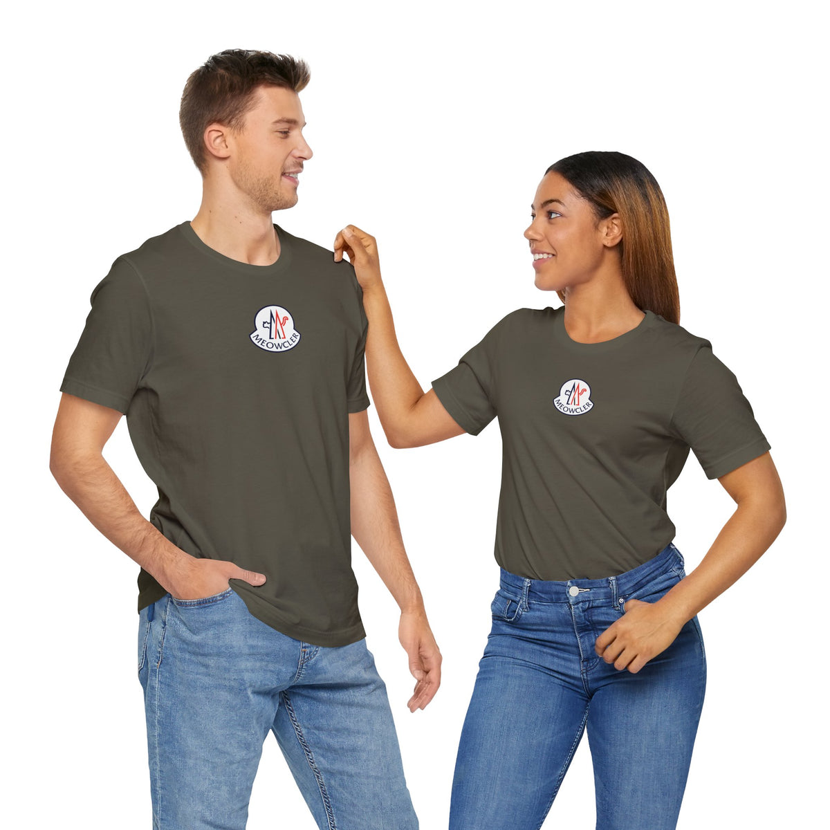 Meowcler Essentials Chest Logo T-Shirt in army, worn by two models