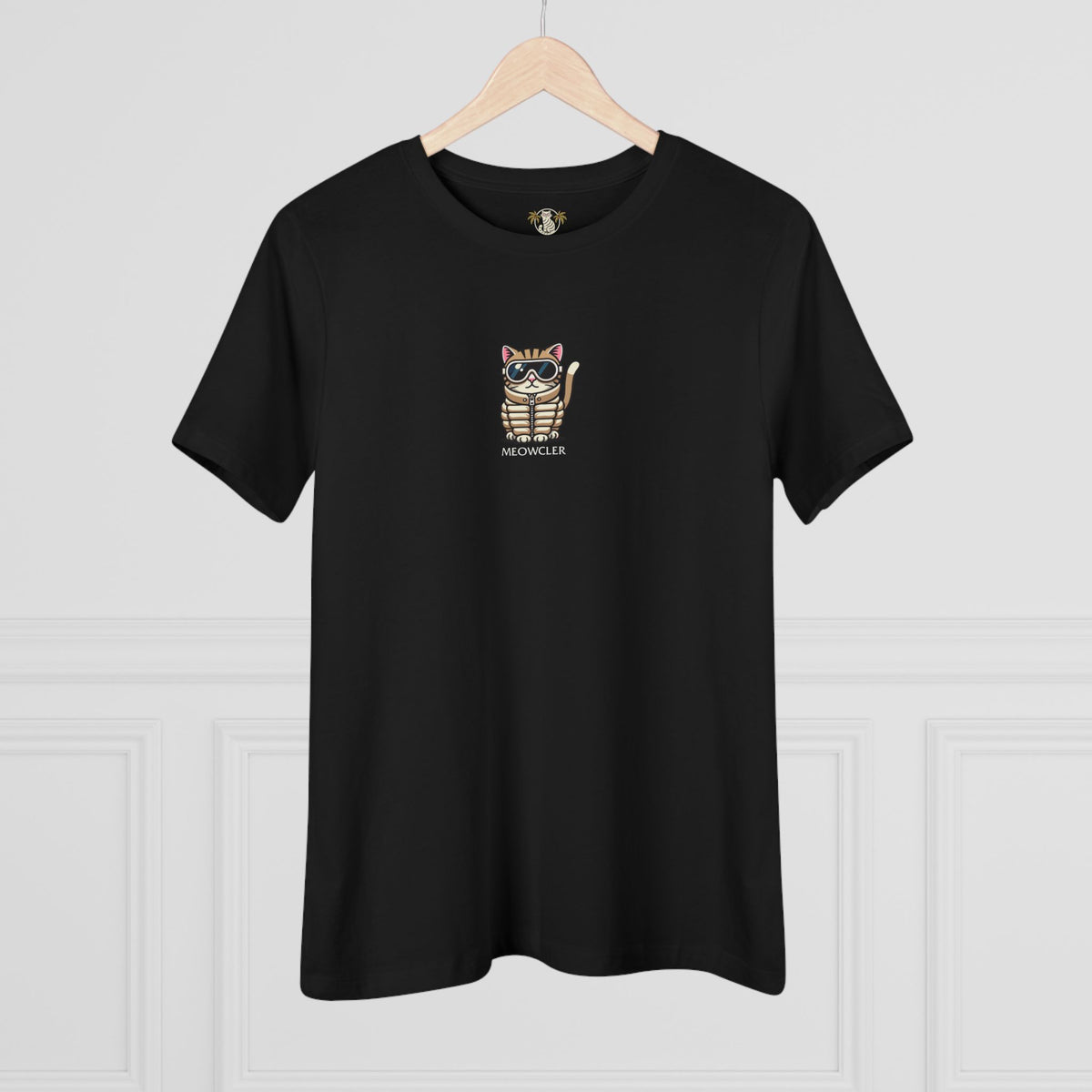 Meowcler Mini Chest Puffer Cat Icon Women's T-Shirt in black, on a hanger
