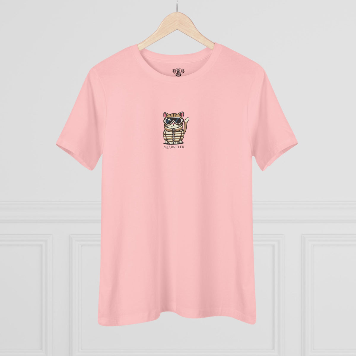 Meowcler Mini Chest Puffer Cat Icon Women's T-Shirt in pink, on a hanger