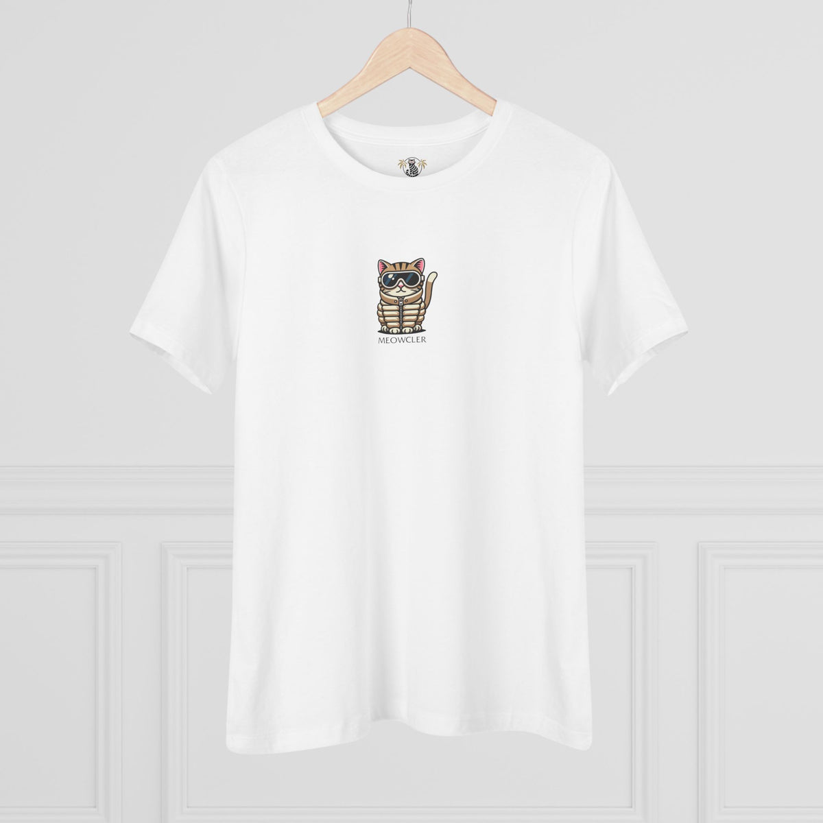 Meowcler Mini Chest Puffer Cat Icon Women's T-Shirt in white, on a hanger