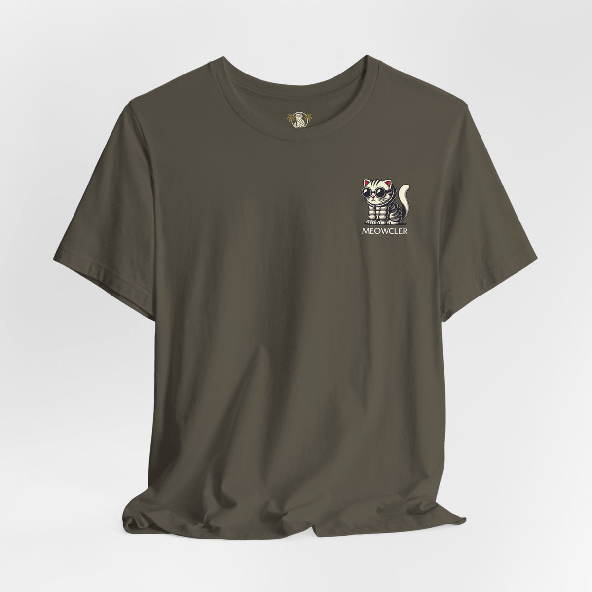Meowcler Mini Puff Chest Graphic Cat T-Shirt in army, flat lay