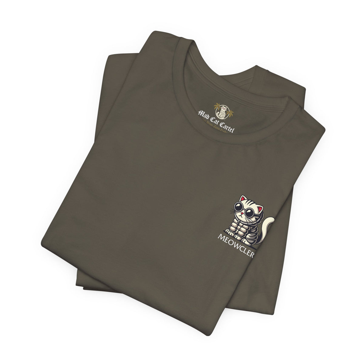 Meowcler Mini Puff Chest Graphic Cat T-Shirt in army, folded