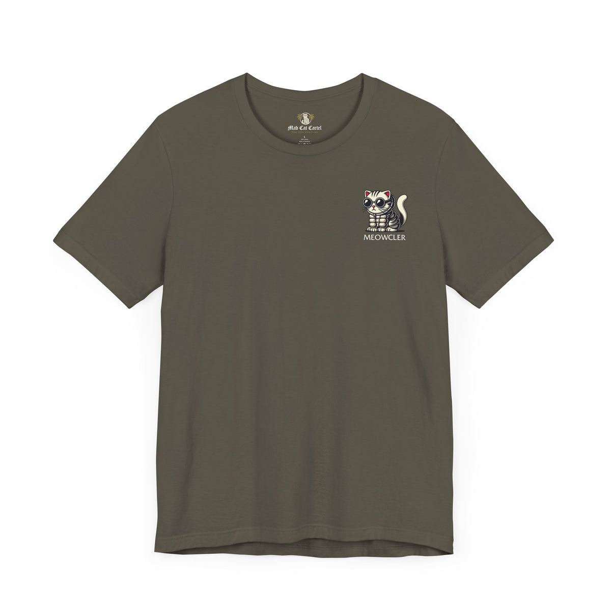 Meowcler Mini Puff Chest Graphic Cat T-Shirt in army, front view