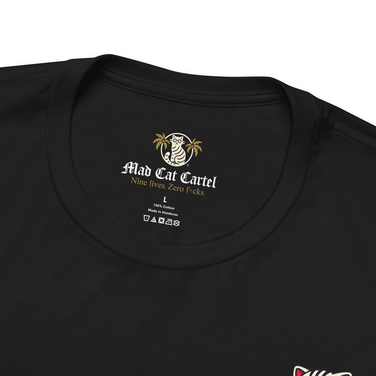 Meowcler Mini Puff Chest Graphic Cat T-Shirt in black, close-up detail