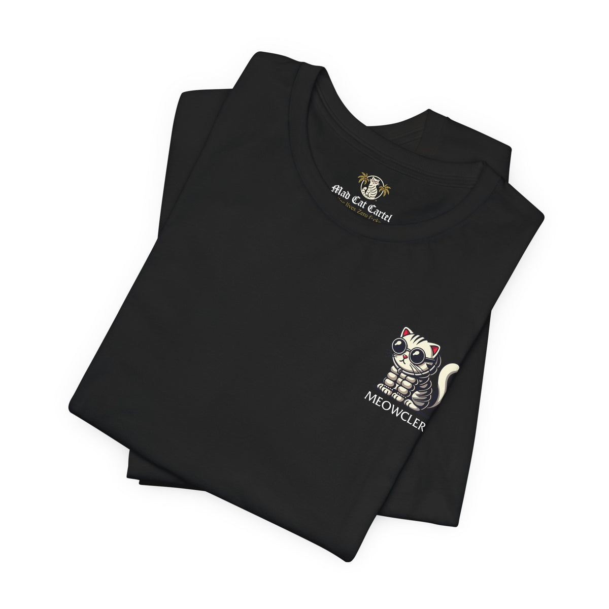 Meowcler Mini Puff Chest Graphic Cat T-Shirt in black, folded