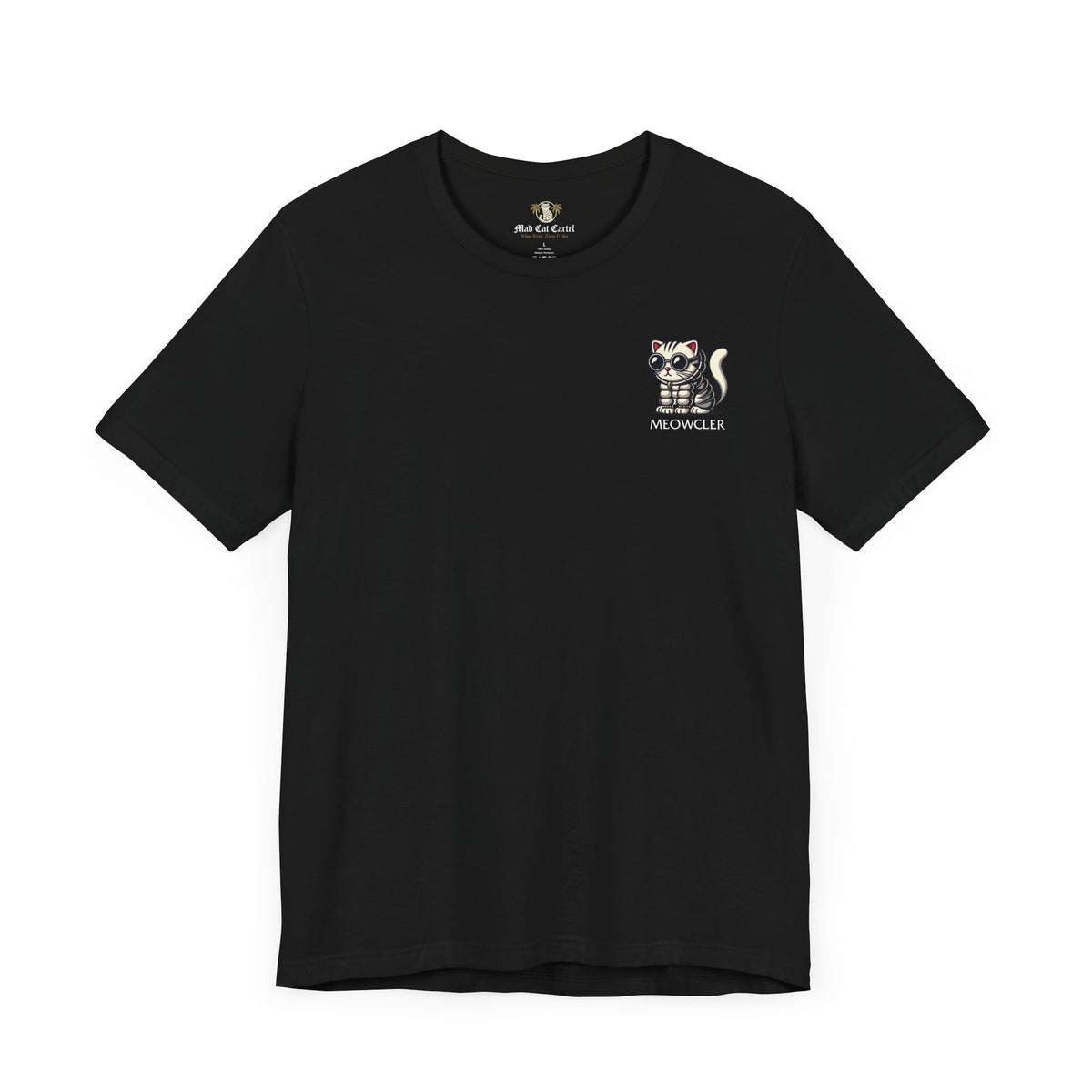 Meowcler Mini Puff Chest Graphic Cat T-Shirt in black, front view