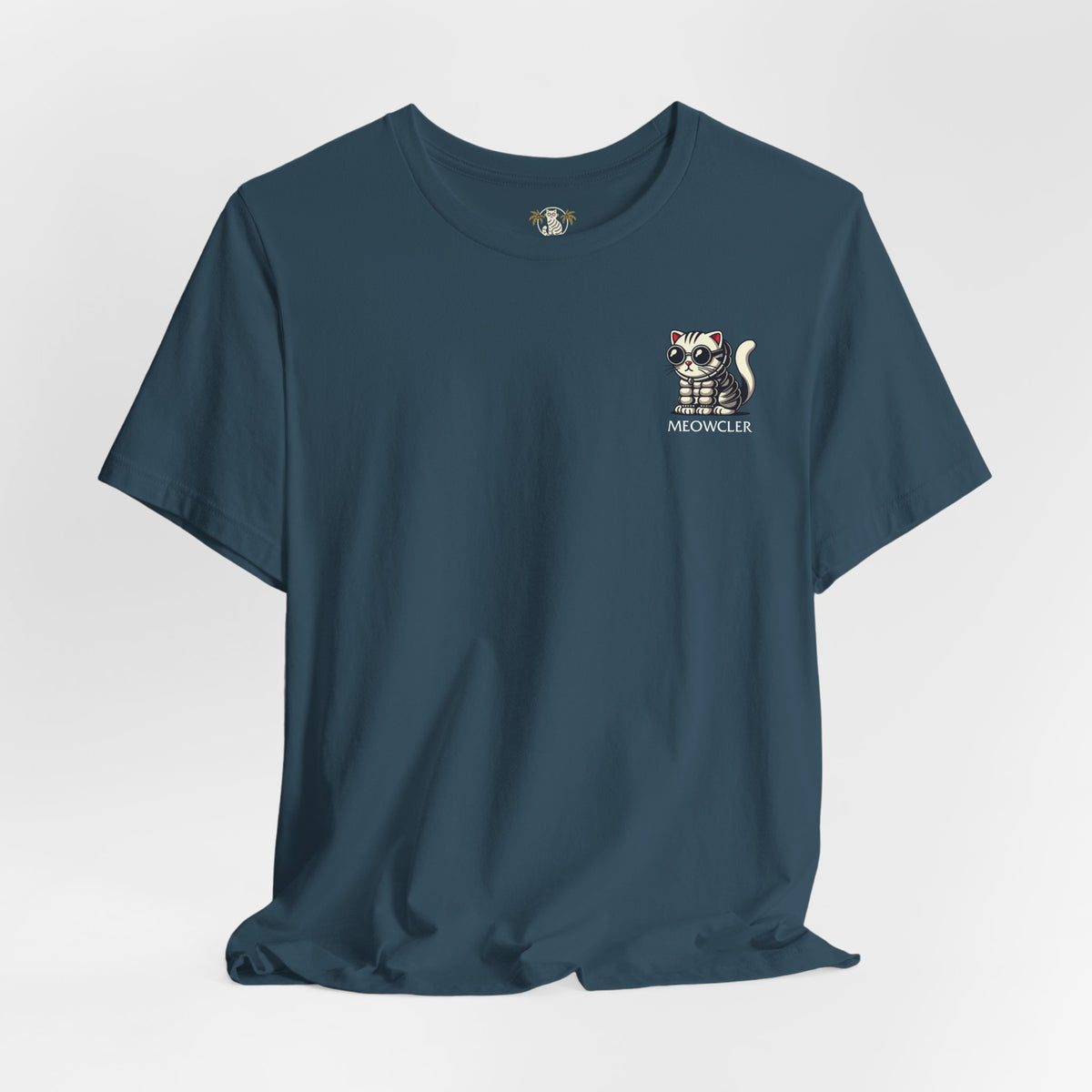 Meowcler Mini Puff Chest Graphic Cat T-Shirt in deep teal, flat lay