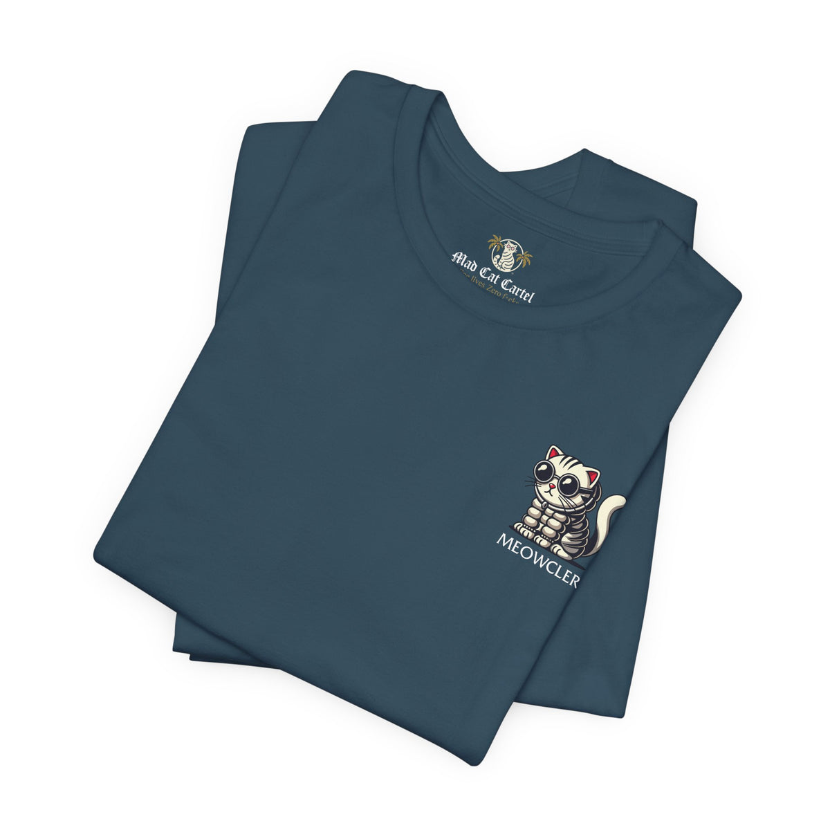 Meowcler Mini Puff Chest Graphic Cat T-Shirt in deep teal, folded