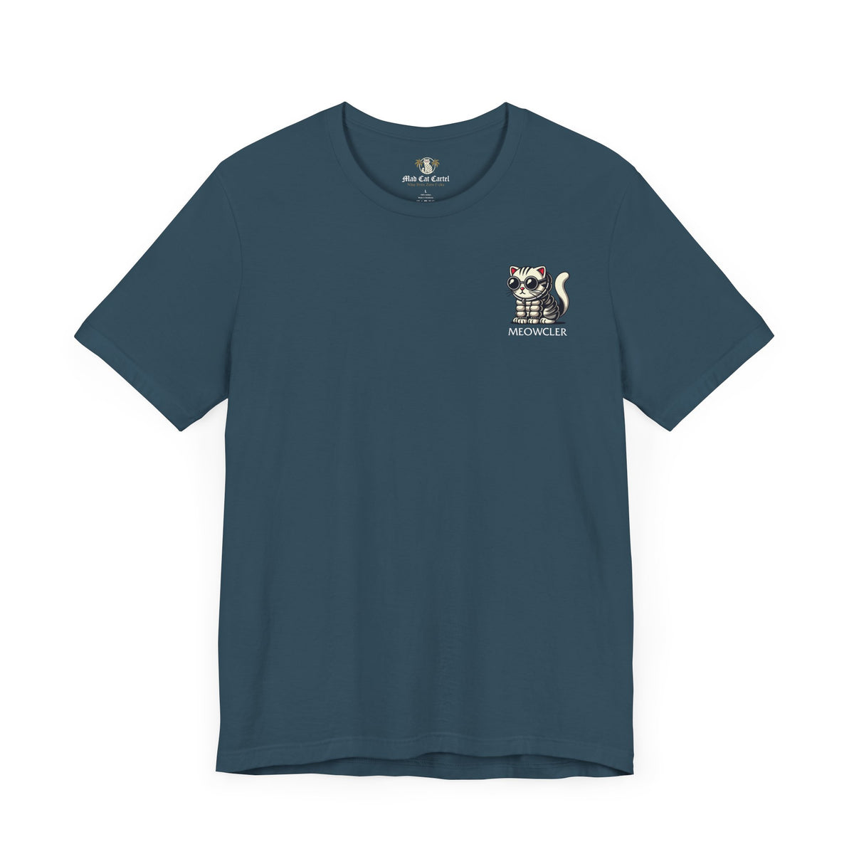 Meowcler Mini Puff Chest Graphic Cat T-Shirt in deep teal, front view
