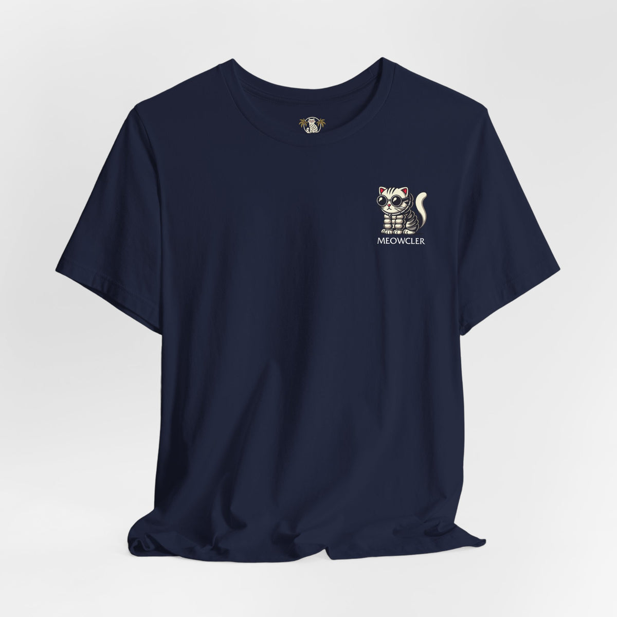 Meowcler Mini Puff Chest Graphic Cat T-Shirt in navy, flat lay